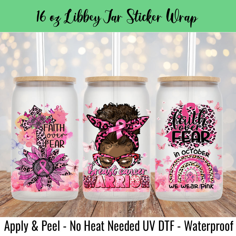 Breast Cancer Warrior Afro Puff 16 Oz UV DTF Sticker Wrap
