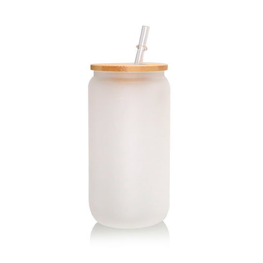 Libbey Jar Can Shaped Beer Can Glass With Bamboo Lid 16oz Frosted