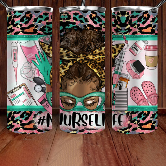 NurseLife Afro Bun 20 oz UV DTF Tumbler Full Wrap