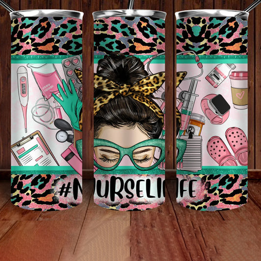 NurseLife Brunette 20 oz UV DTF Tumbler Full Wrap
