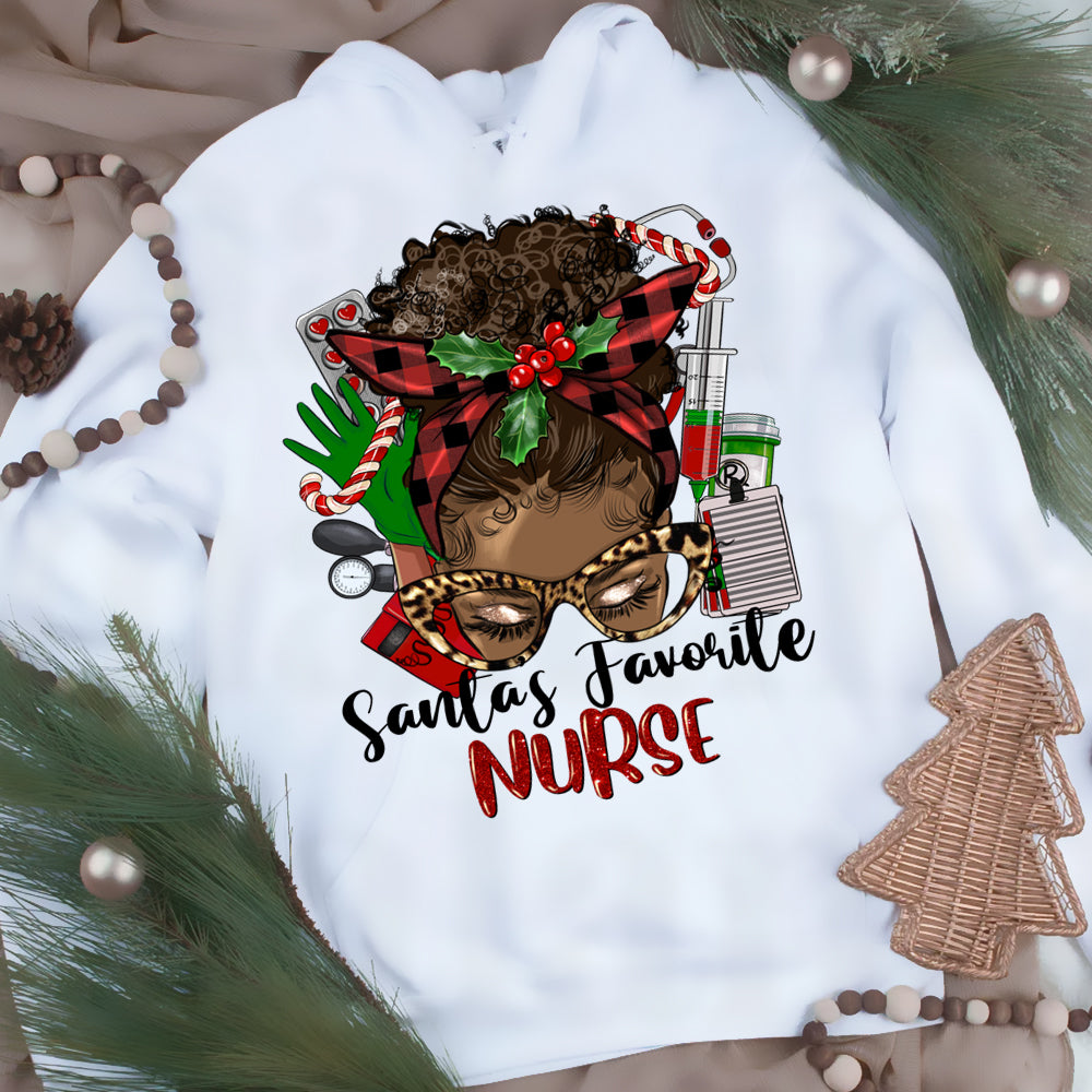 Santas Favorite Nurse Afro Messy Bun Sublimation Transfer