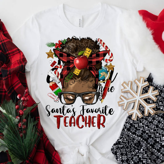 Santas Favorite Teacher Afro Messy Bun DTF Transfer