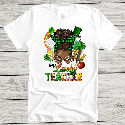 One Lucky Teacher Afro Bun DTF Transfer